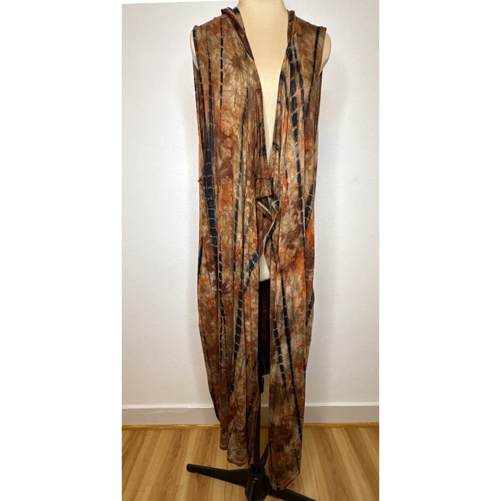 Coin 1804 Womens Vest Tie Dye Hooded Duster Cardigan 3X Brown Boho Hippie
